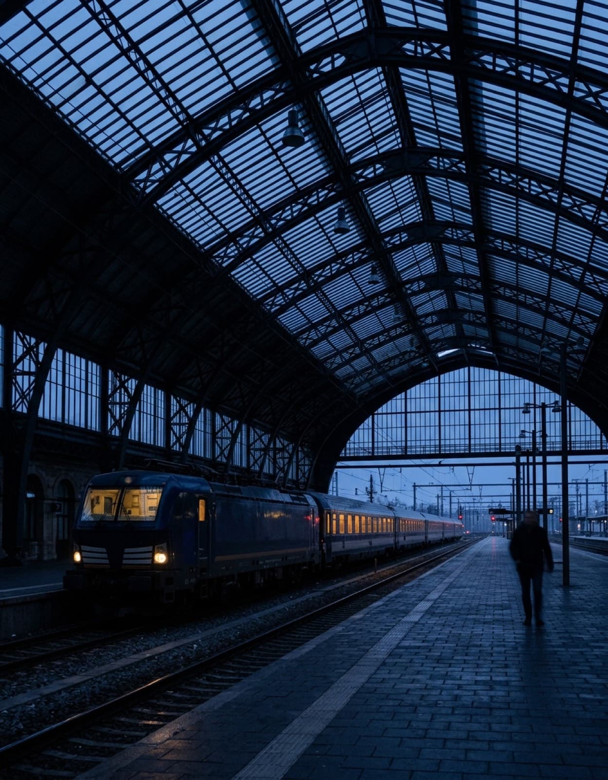Un tren nocturno esperando en el andén de una gran estación europea de madrugada