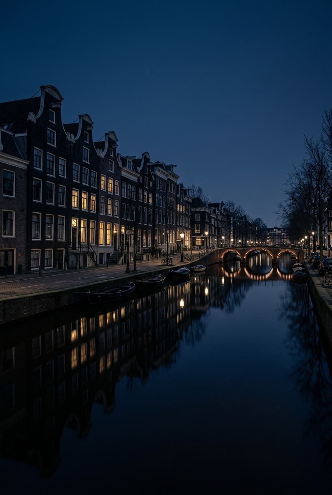 Un canal de Ámsterdam al anochecer, con las casas estrechas iluminadas sobre el agua